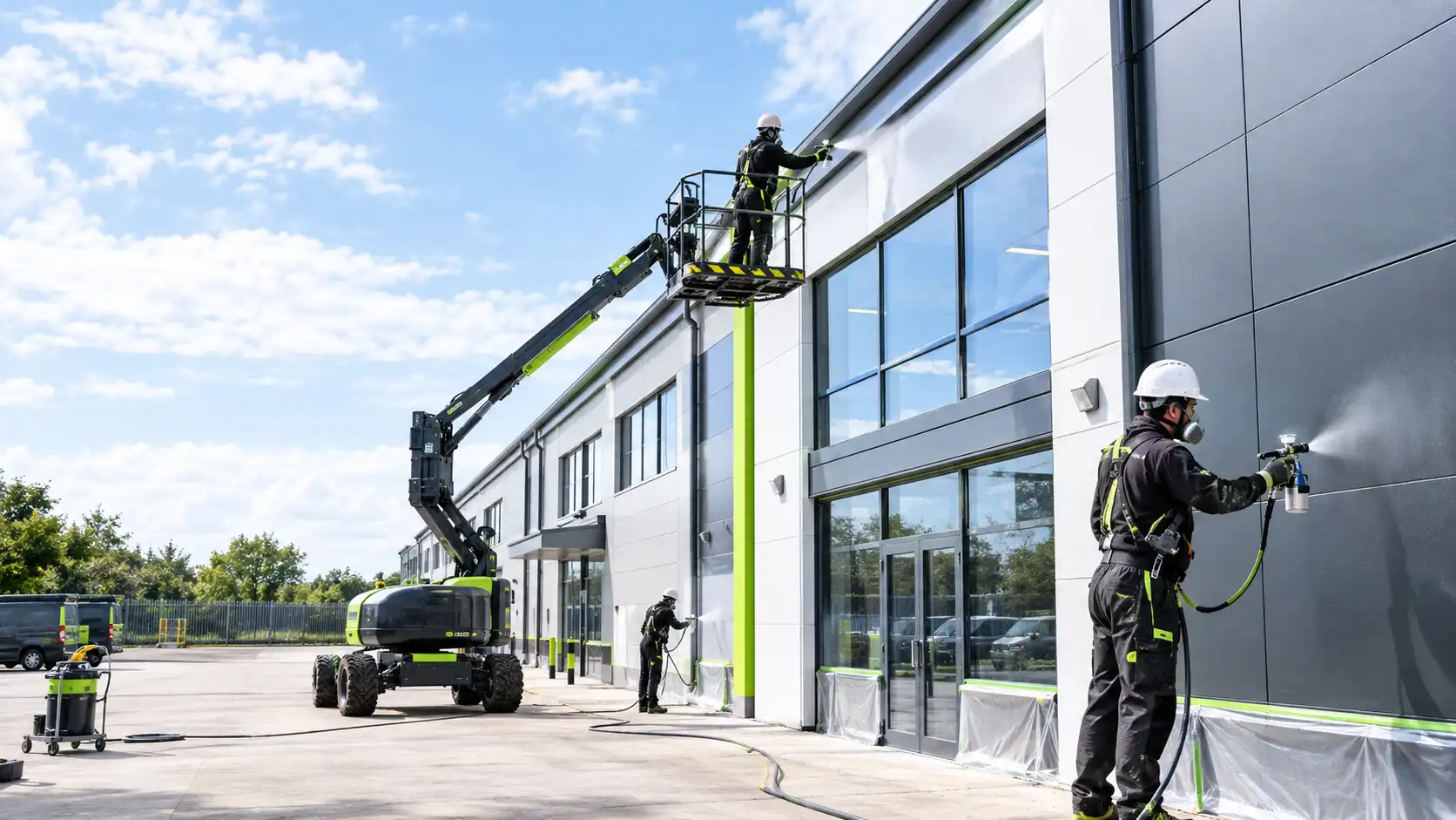 Bright UK commercial building receiving professional commercial spray coating from trained technicians using spray equipment and a MEWP